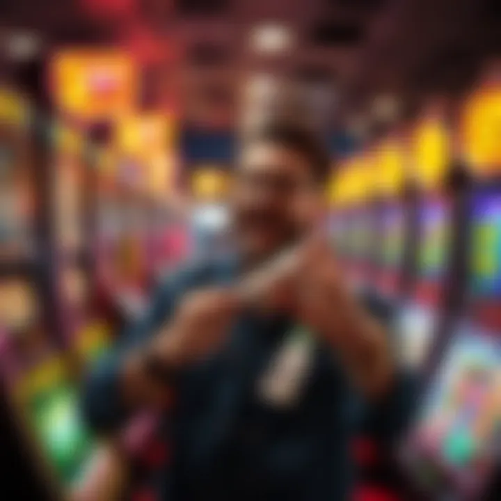 A person celebrating a big win at a slot machine, holding a winning ticket with excitement. The background shows colorful slot machines in a casino.