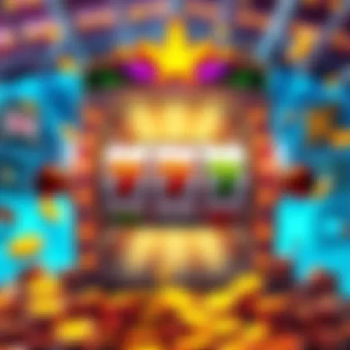 A vibrant slot machine displaying symbols of luck and winning, with bright lights and coins around it, showcasing a big win from a small bet.