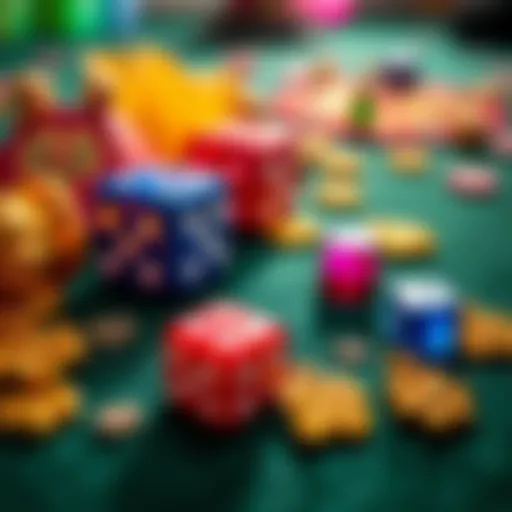 A close-up of colorful dice and lucky charms on a felt surface, representing hope and luck in gaming.