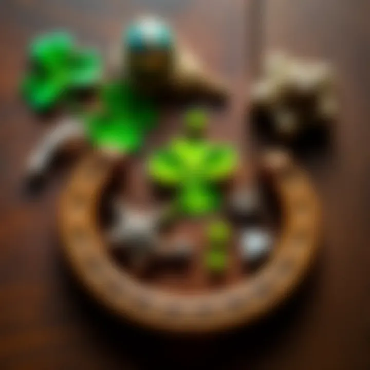 A collection of lucky symbols like a four-leaf clover, horseshoe, and a wishbone, arranged creatively on a wooden table