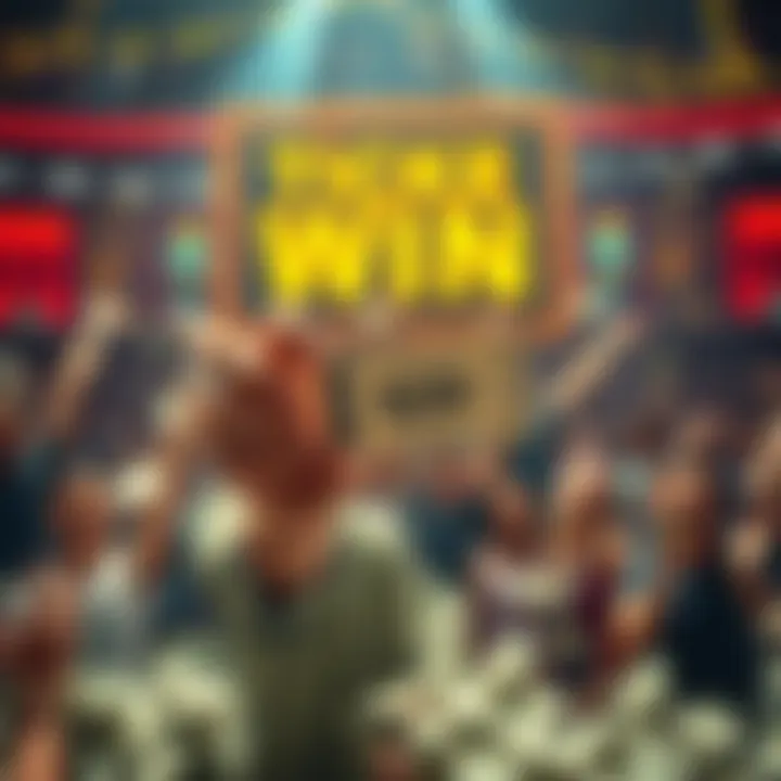 A person holding a $20 ticket with excitement, surrounded by cash and a cheering crowd.
