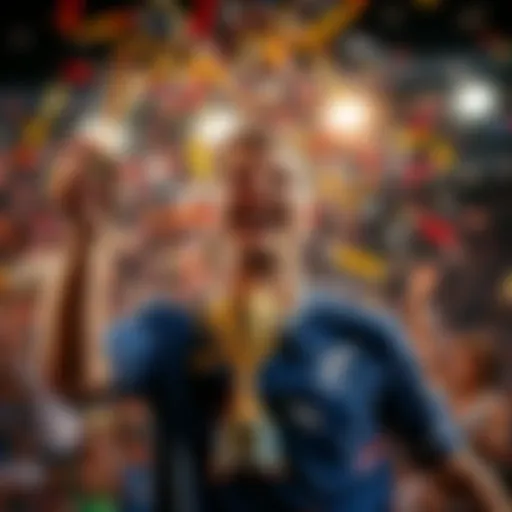 A person joyfully celebrating a surprising win, holding a trophy and smiling broadly, surrounded by confetti.