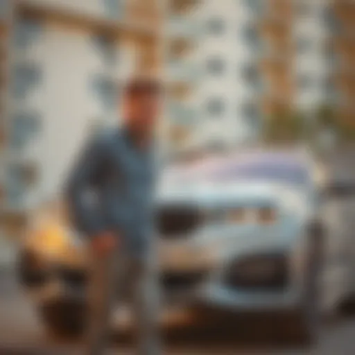 A smiling person stands next to their new BMW in front of an apartment building, celebrating their recent lottery win.