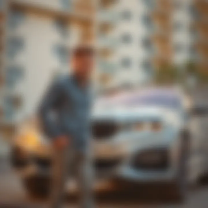 Lucky winner with new BMW A smiling person stands next to their new BMW in front of an apartment building, celebrating their recent lottery win.