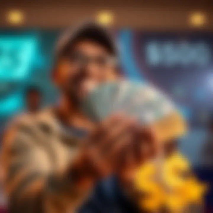 A smiling person holding a stack of cash, celebrating their $500 win after months without prizes.