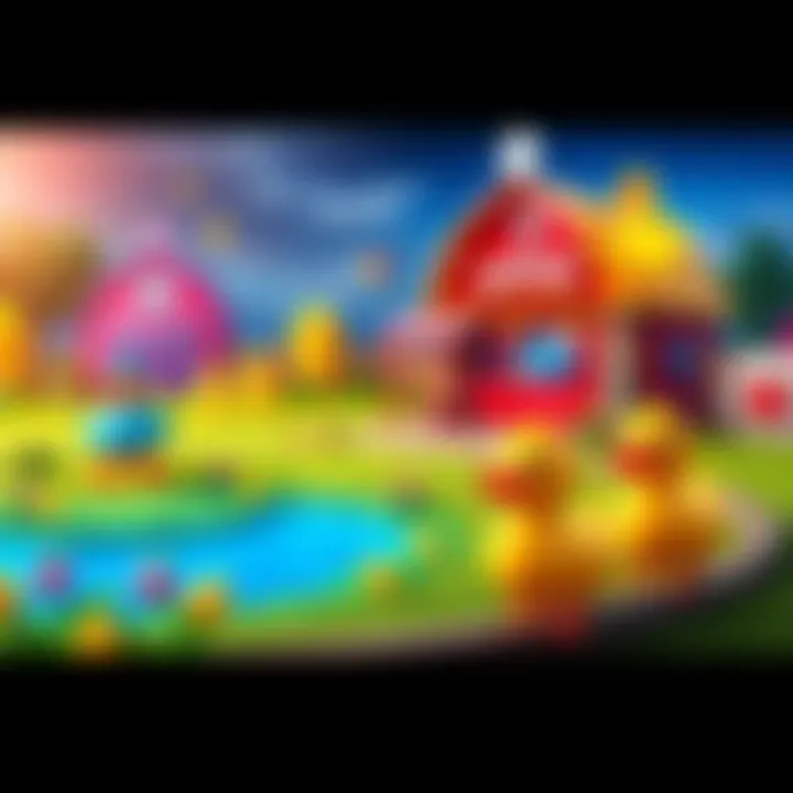 A colorful farm setting featuring the Ducky game from Luckyland, with cheerful characters and vibrant prizes around a pond.