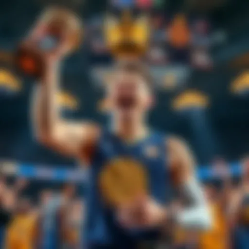 Luka Doncic celebrates while holding a trophy, surrounded by highlights of other players' performances