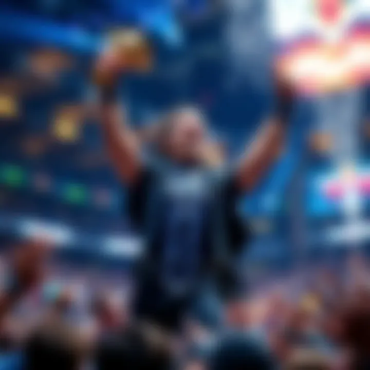 MACKINNON stands triumphantly with a trophy in a League of Legends arena, surrounded by cheering fans.