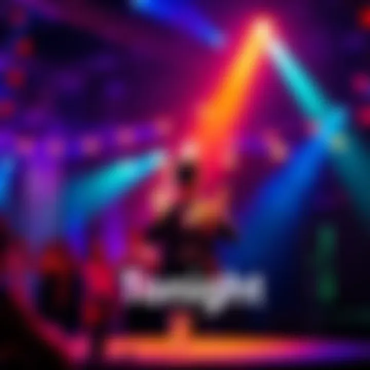 A magician performing tricks under colorful lights at a fun event.