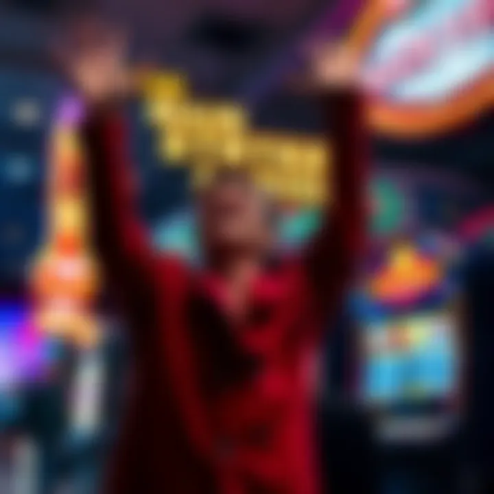 A person celebrating a winning bet at the Main Street Station in Las Vegas, with a slot machine and winning ticket in hand.