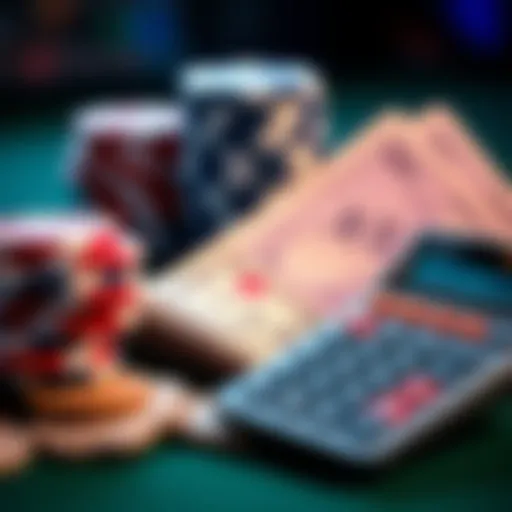 Close-up of poker chips and cash representing prize money from the Main Event, with a calculator showing tax calculations.