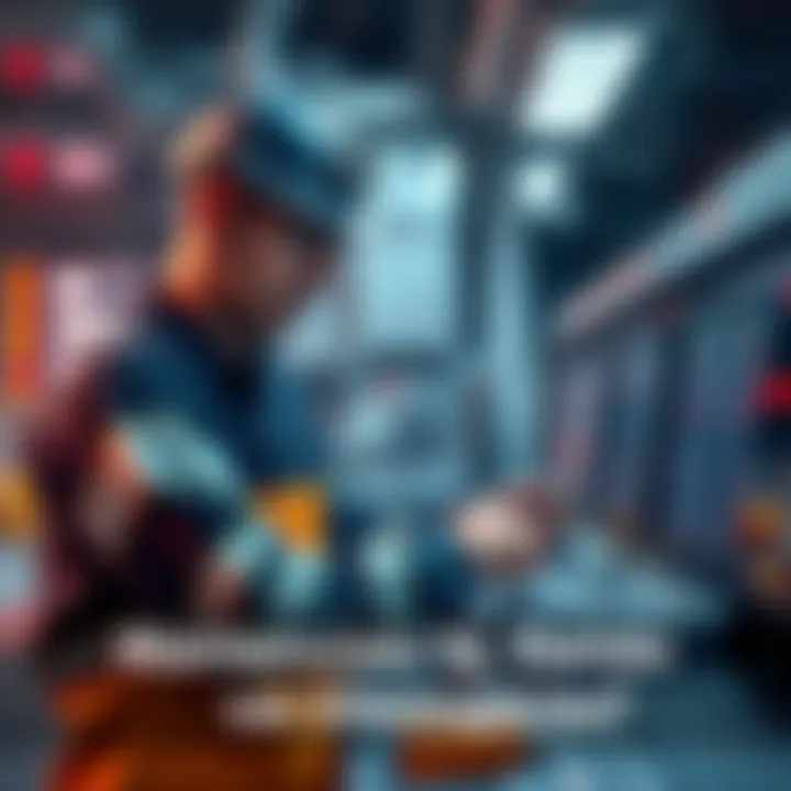 A maintenance worker checking equipment with tools in a control room, with indicators showing a halted operation status.