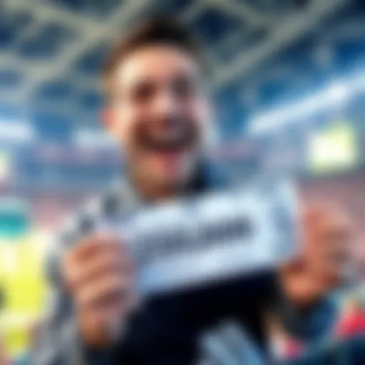 Man celebrating a successful bet A cheerful man holding a ticket showing high odds after a winning bet, smiling with excitement