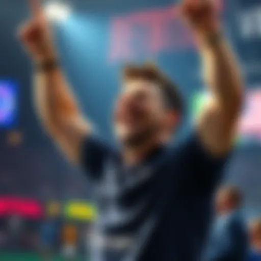 A happy man raises his arms in celebration after winning a large bet, showing excitement and disbelief.