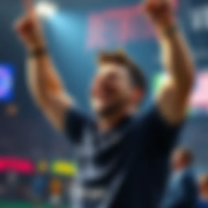 A happy man raises his arms in celebration after winning a large bet, showing excitement and disbelief.
