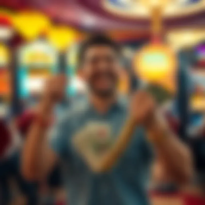 A joyful man holds casino chips and cash in front of a slot machine, celebrating a big win in Las Vegas