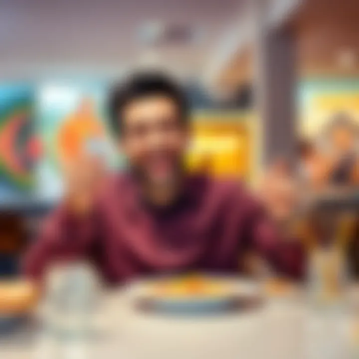 A man at a lunch table joyfully holding a $10 scratch-off ticket in his hand, smiling with excitement.