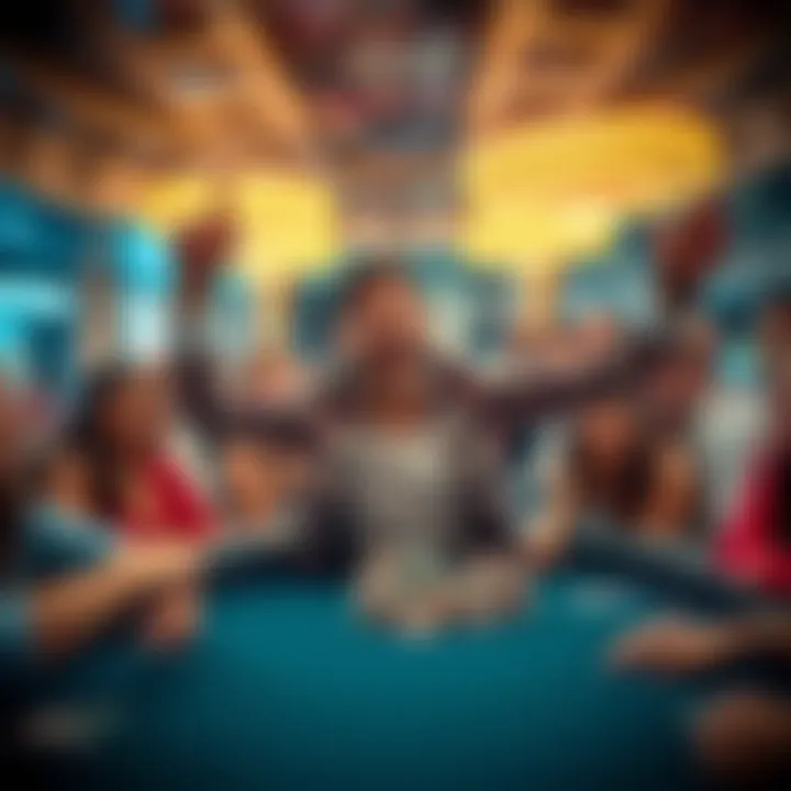 Man celebrating big win in Chicago casino A man excitedly celebrating his winnings at a casino table in Chicago, surrounded by smiling friends and chips on the table.