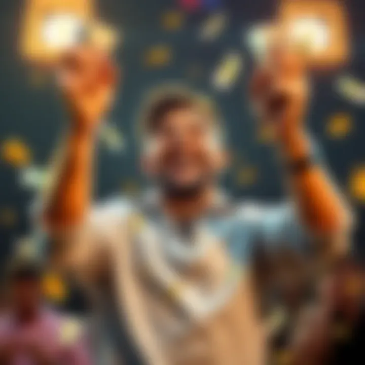 A man joyfully celebrating with money in his hands, symbolizing a big financial win from a small investment.