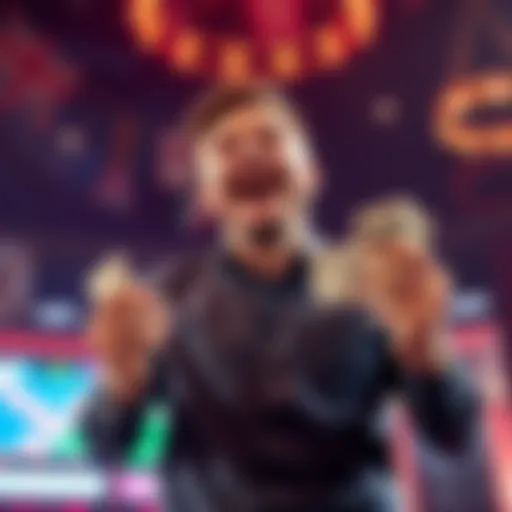 A man joyfully celebrating after winning a large sum of money from a bet, with cash in his hands and a big smile on his face.