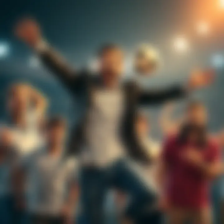 A man jumps in excitement, thinking he has won, with a surprised expression as his friends look on with confusion.