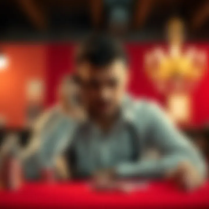 A man sits at a table, looking worried, holding a phone as he prepares to call his wife about his gambling addiction.