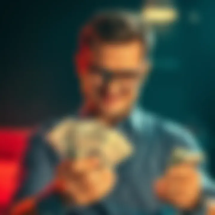 A person holding cash with a satisfied expression, having just transformed a small investment into a larger sum.