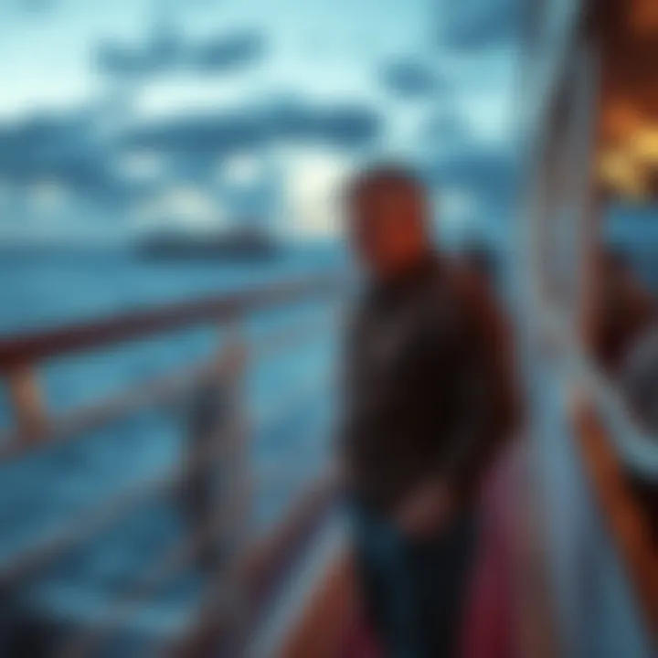 A man stands on the deck of a cruise ship, looking distressed and lost, surrounded by ocean views, reflecting on his unfortunate experience