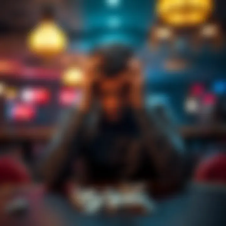 A man sits alone at a table with his head in his hands, showing signs of distress after losing money in gambling, reflecting on his life choices and relationships.