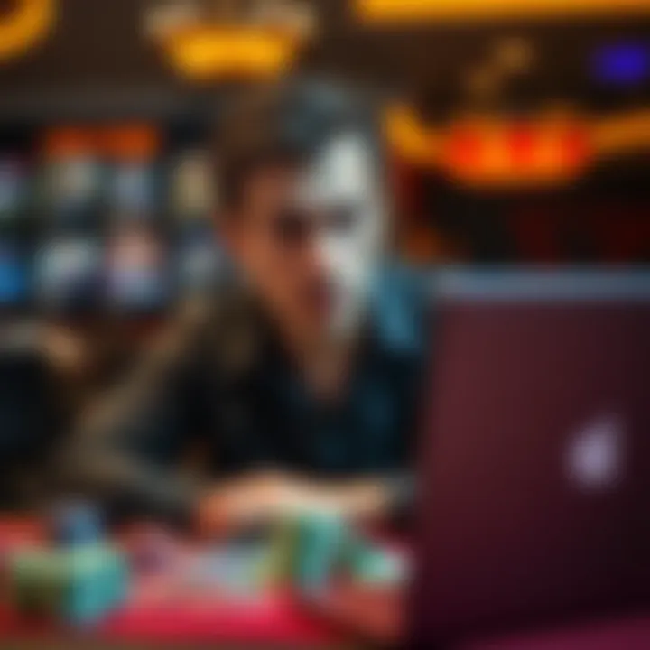 Man looking concerned over gambling losses A man sitting at a table with a worried expression, surrounded by casino chips and a laptop showing gambling websites.
