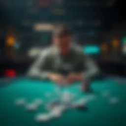 A somber man reflects on his gambling losses at an empty table with chips scattered around