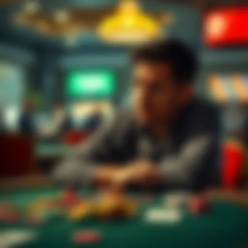 A man reflects on his gambling losses, looking sad and worried about his future finances, surrounded by gambling chips and cards on the table.