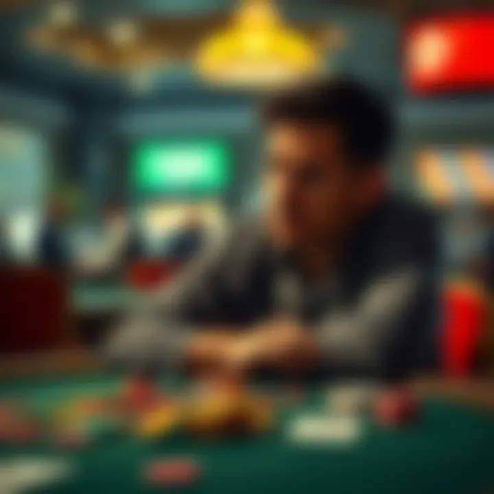 A man sitting alone at a table with gambling chips A man reflects on his gambling losses, looking sad and worried about his future finances, surrounded by gambling chips and cards on the table.