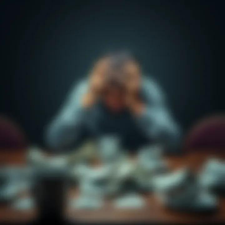 A worried man sitting alone at a table with his head in his hands, surrounded by bills and empty coffee cups, showing signs of emotional struggle and desperation.