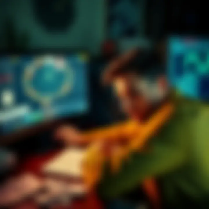 A worried man sits at a desk, staring at a computer screen showing blackjack game. His face shows signs of distress and concern for his family. Papers and bills are scattered around him, highlighting his financial struggles.