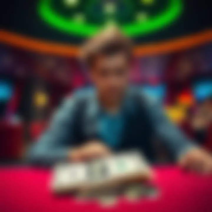 Man losing money while gambling A 27-year-old man looks distressed as he stares at a gambling table, with a sign showing lost money in the foreground, symbolizing his lost anniversary trip funds.