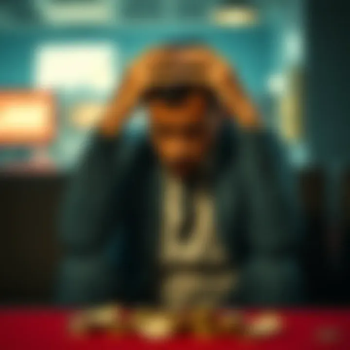 A man with a sad expression sits alone, holding his head in his hands, symbolizing the emotional pain of losing money to gambling.