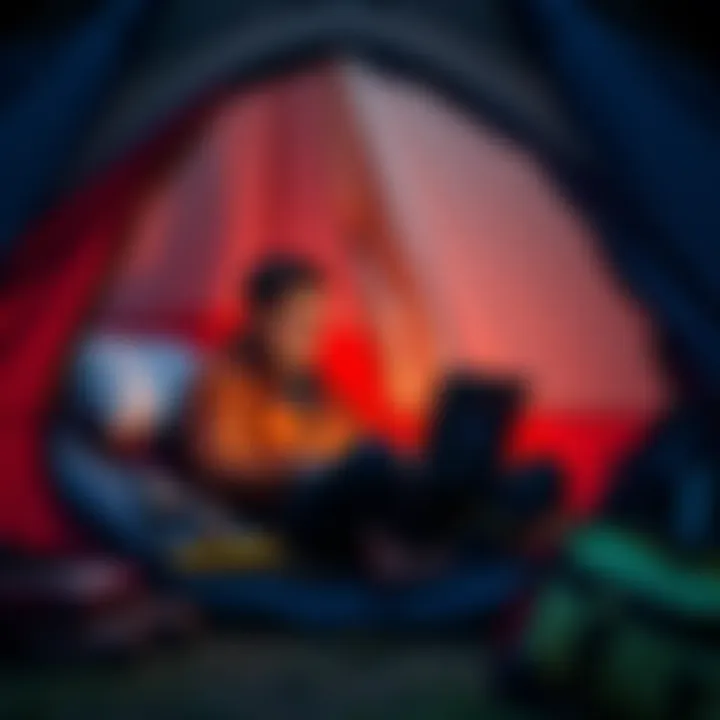 A man sits inside a tent with a laptop, focused on playing online games, surrounded by camping gear.