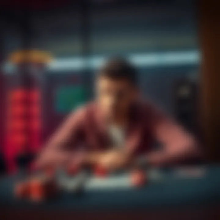 A man sitting alone at a table, looking contemplative with a concerned expression, surrounded by gambling-related items like dice and a lottery ticket