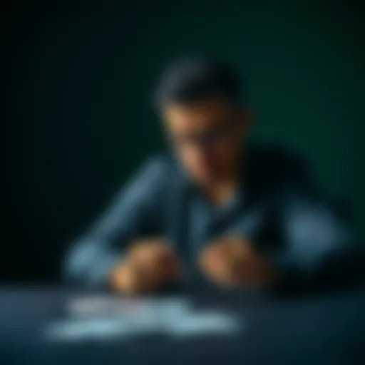 A man reflecting on his gambling experiences A thoughtful man sitting alone at a table, looking at a deck of playing cards with a pensive expression, symbolizing his struggles with gambling addiction and the search for balance in life.