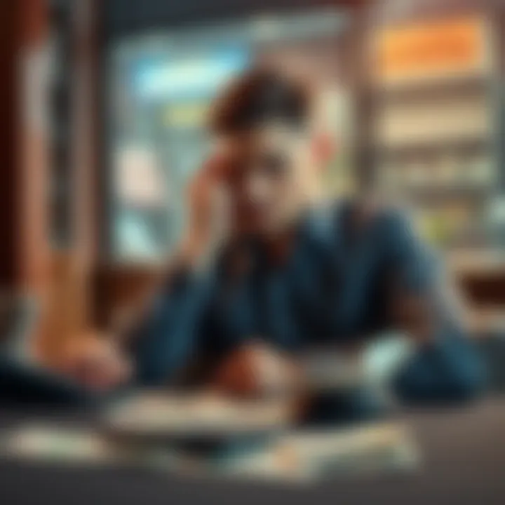 Man reflecting on gambling and finances A man sits at a table with bills and a calculator, looking pensive as he contemplates his gambling habits and debt situation