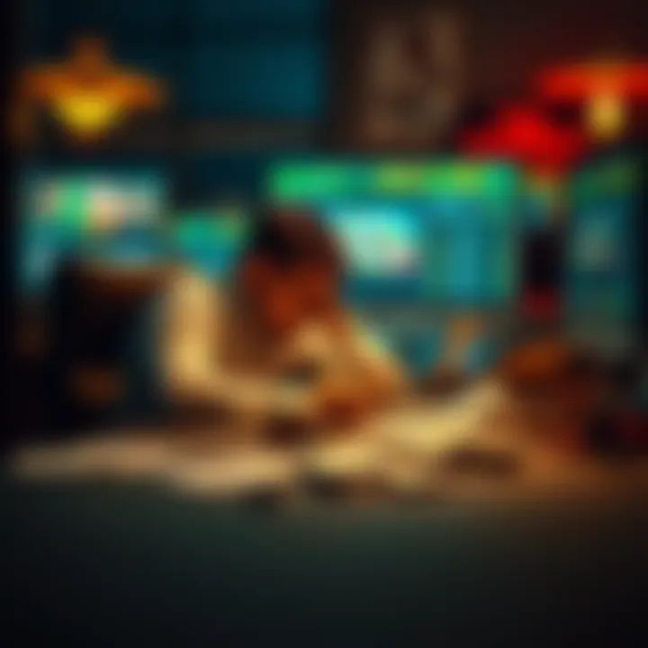 Man reflecting on gambling loss A man sitting alone at a table, looking pensive with bills and a computer screen showing gambling websites in the background.