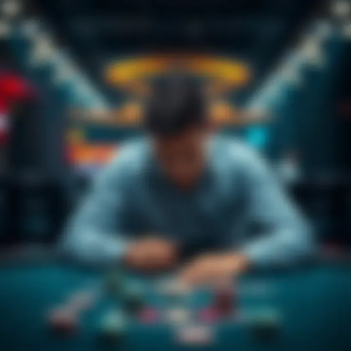 A man sitting alone at a table, looking down with a worried expression, representing his struggle with gambling addiction and financial losses.