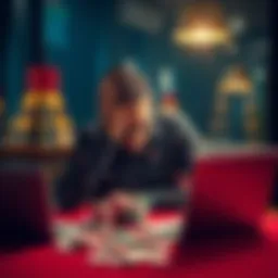 A man sits at a table with his head in his hands, surrounded by gambling chips and a laptop, illustrating the emotional impact of losing money in online casinos.
