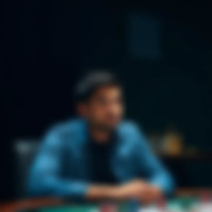 A 35-year-old man sits alone in a dimly lit room, looking pensive as he contemplates his past gambling losses. Emotions of regret and hope are visible on his face.