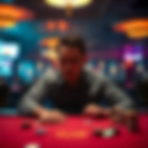 A man sitting at a dimly lit casino table, looking distressed as he recalls his gambling experience, with chips scattered around him.