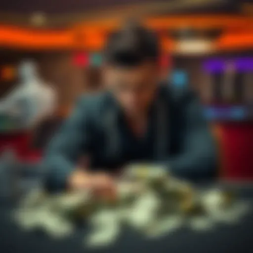 A man sits alone at a table, looking pensive and sad, with a pile of cash nearby, symbolizing recent gambling losses.