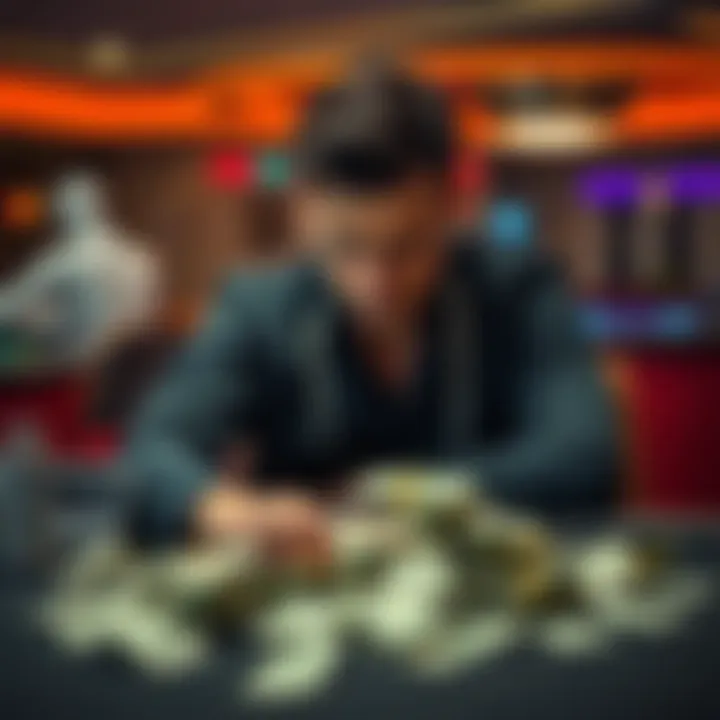 A man sits alone at a table, looking pensive and sad, with a pile of cash nearby, symbolizing recent gambling losses.