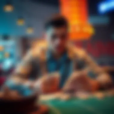 A concerned man sits at a table, looking at betting slips and money, deep in thought about his gambling experiences.