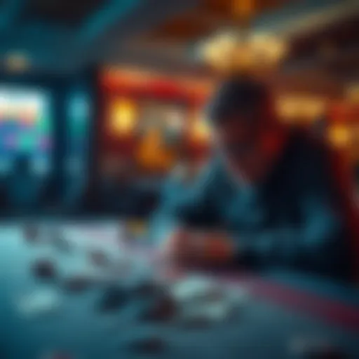 A man sitting alone at a table, looking distressed with empty casino chips and a few dollar bills scattered, symbolizing his gambling addiction